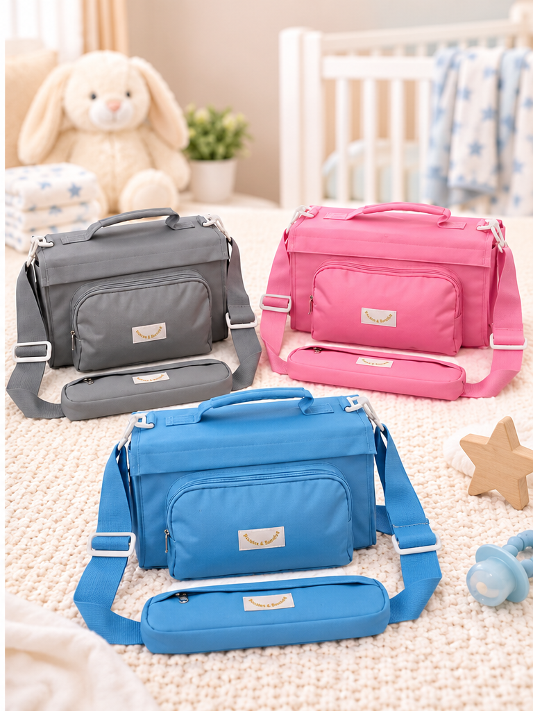 Quick Pak Premium Baby Bags in pink, gray and blue